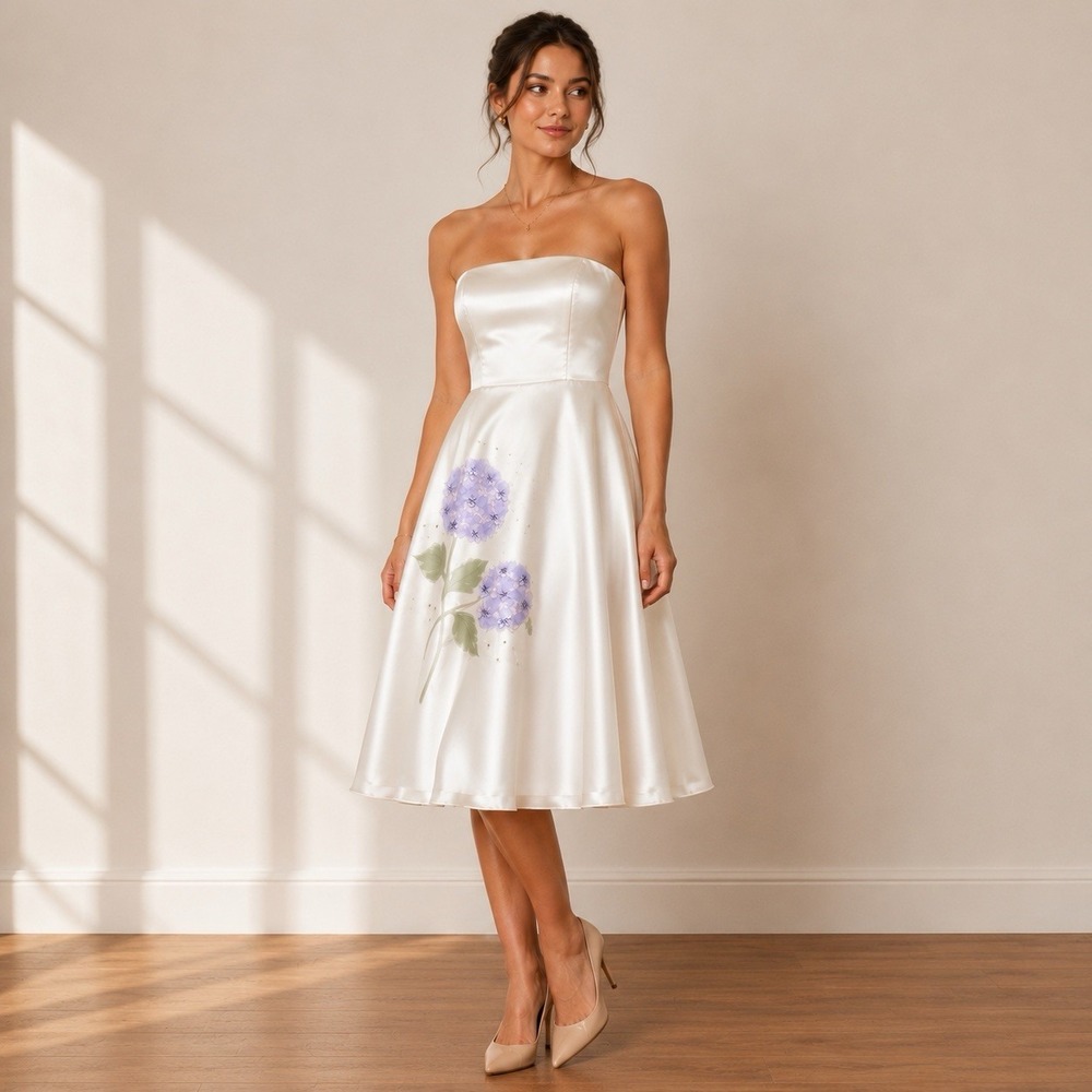 Watters & Watters Fit & Flare Midi Dress Strapless Satin Cream Hydrangea Floral